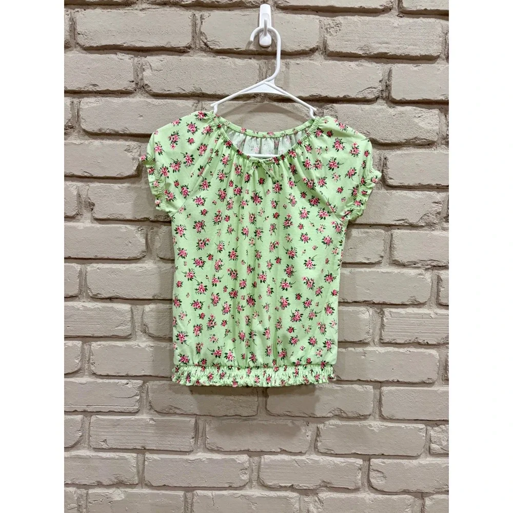 The Childrens Place Girls XL 14 Mint Green Floral Smocked Hem Puff Sleeve Top